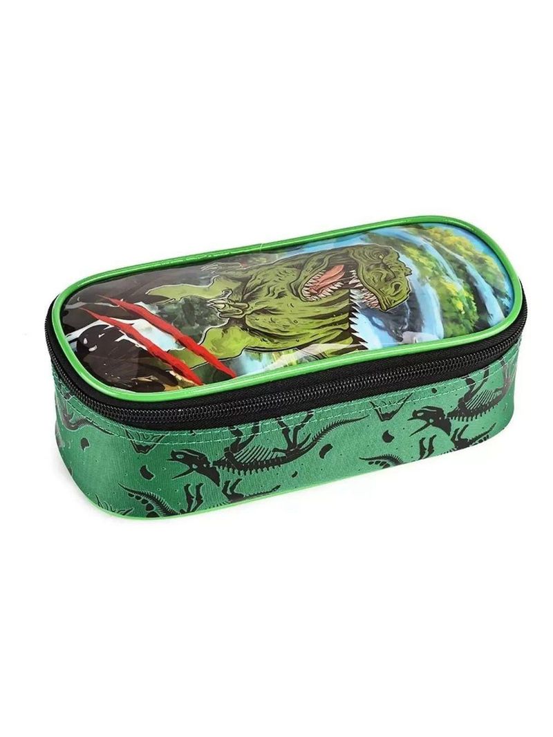 Kit Escolar Mochila Lancheira E Estojo Meninos Dinossauro Alça De Costas Reforçada - Trex - Denlex Verde Escuro