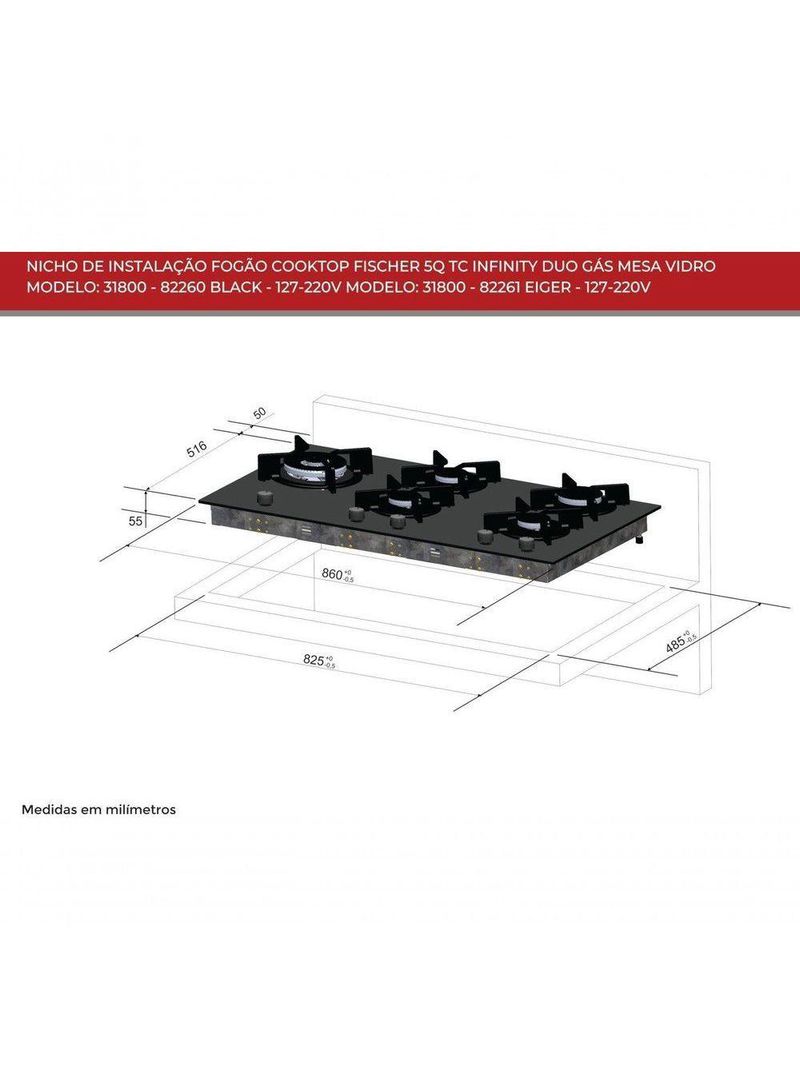 Fogão Cooktop Fischer 5q Tc Infinity Duo Blaze Gás Mesa Vidro 31800 Bivolt