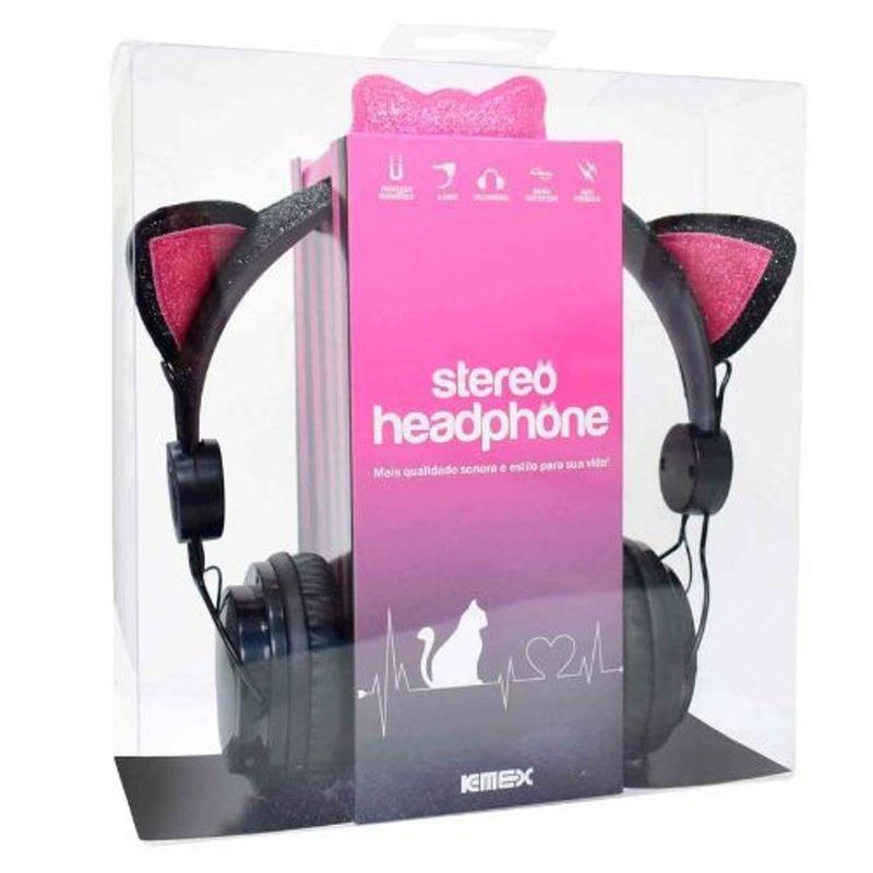 Headphone Cat Ear Fone De Ouvido K-mex Preto E Rosa Ar30