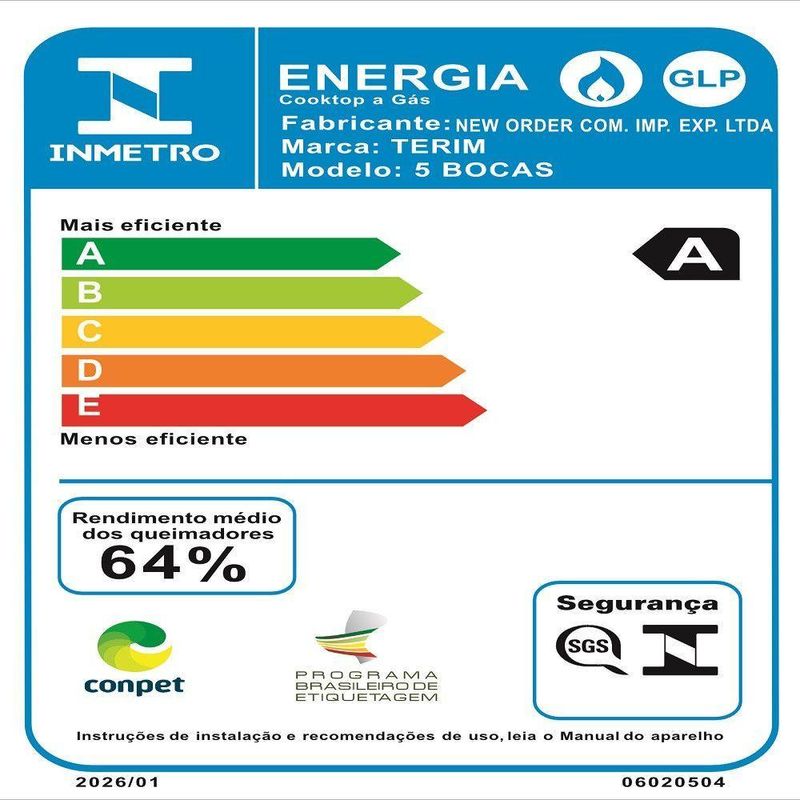 Cooktop 5 Bocas Terim Vidro Preto Com 6 Apoios Preto Bivolt