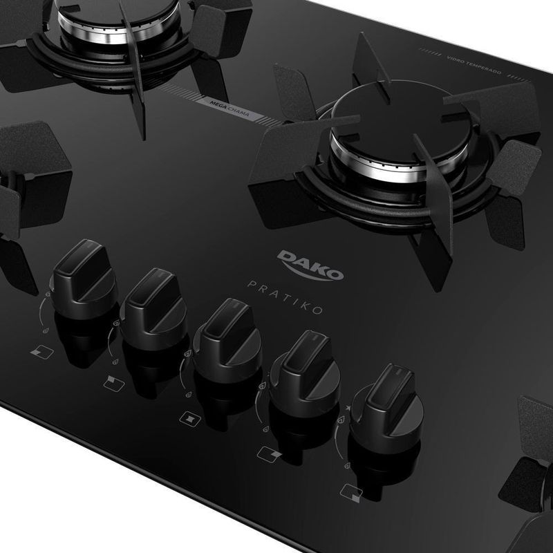 Cooktop a Gás Dako Pratiko 5 Bocas Vidro Temperado com Trempe Ferro Fundido Preto Bivolt