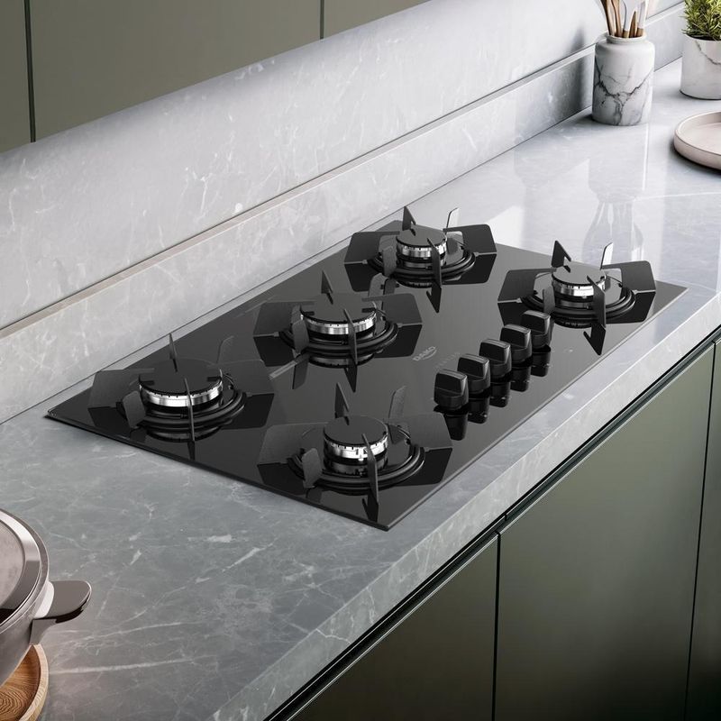 Cooktop a Gás Dako Pratiko 5 Bocas Vidro Temperado com Trempe Ferro Fundido Preto Bivolt