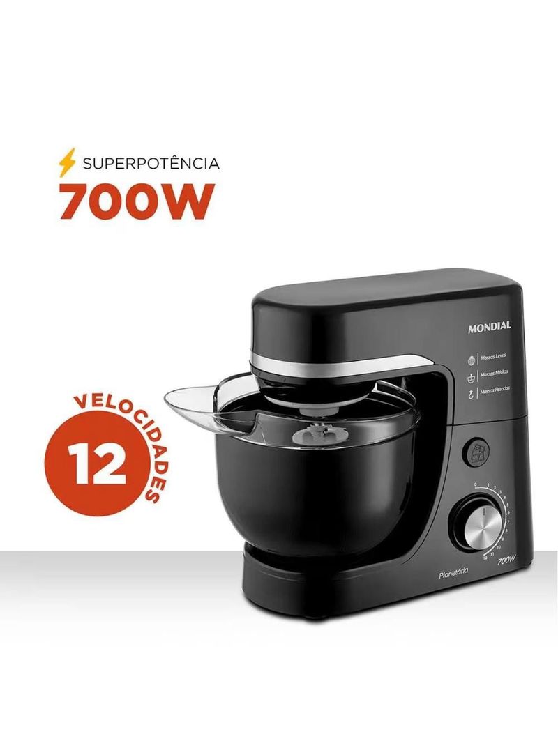 Batedeira planetária mondial bp-03 com 12 velocidades e 700w – preto