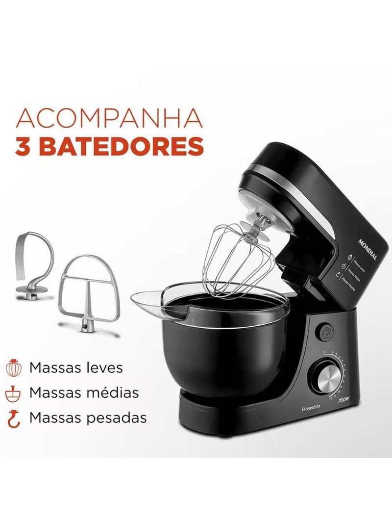 Batedeira planetária mondial bp-03 com 12 velocidades e 700w – preto