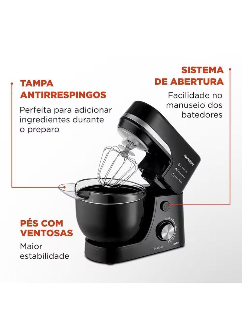 Batedeira planetária mondial bp-03 com 12 velocidades e 700w – preto