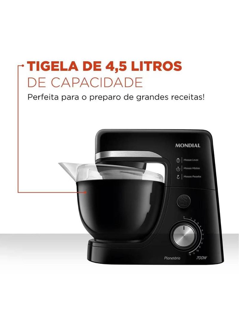 Batedeira planetária mondial bp-03 com 12 velocidades e 700w – preto