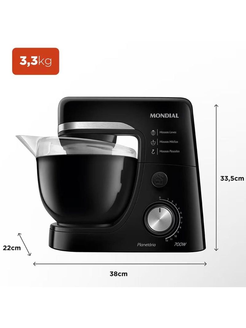 Batedeira planetária mondial bp-03 com 12 velocidades e 700w – preto