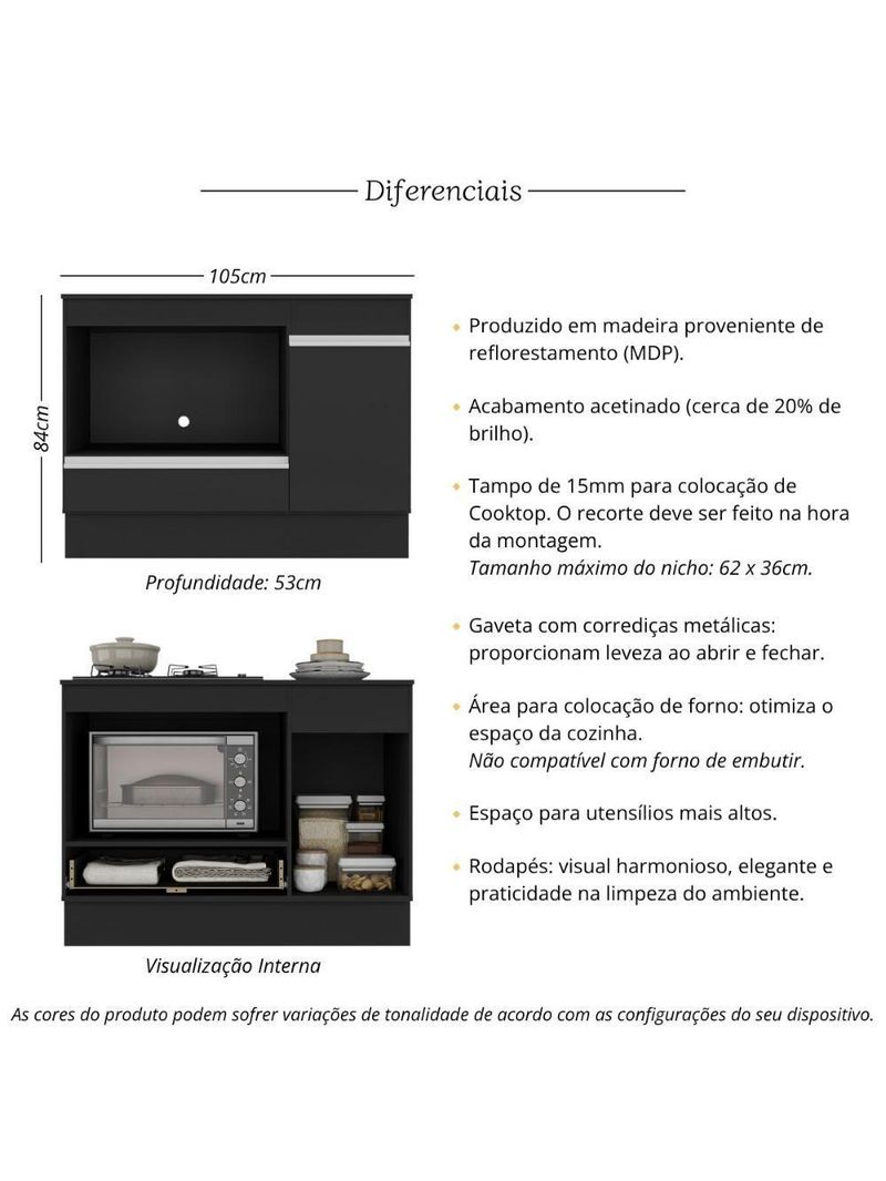 Balcão Cozinha Para Cooktop E Forno 105cm Com Rodapé Veneza Multimóveis Mp2295 Preto/branco