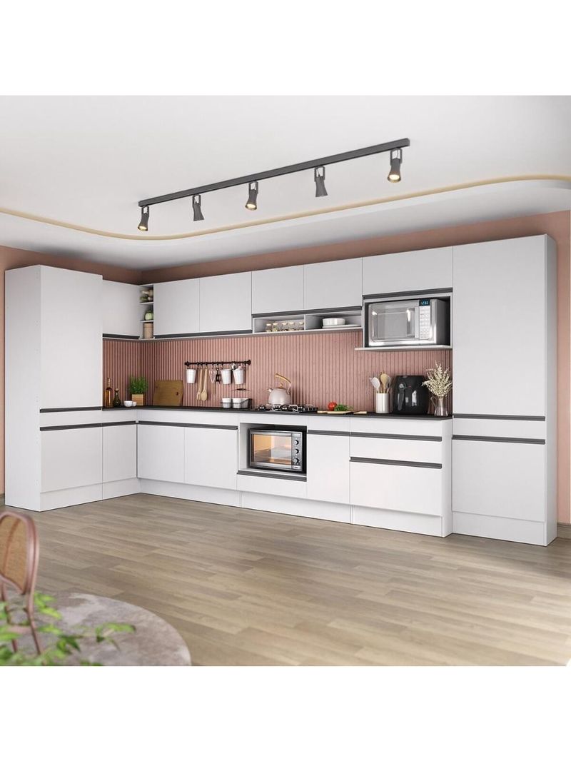 Cozinha Modulada Completa Canto 409cm C/balcão Cooktop Veneza Multimóveis Mp2304 Branco/preto