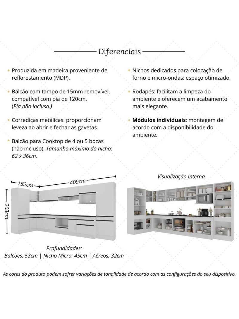 Cozinha Modulada Completa Canto 409cm C/balcão Cooktop Veneza Multimóveis Mp2304 Branco/preto