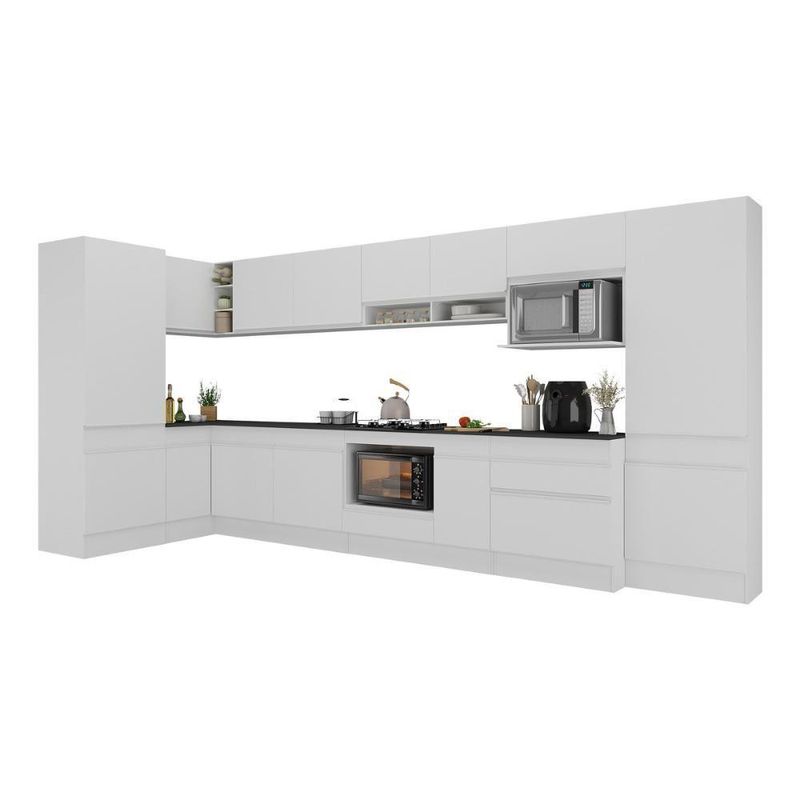 Cozinha Modulada Completa Canto 409cm Com Rodapé E Balcão Para Cooktop Veneza Multimóveis Mp2304 Branco