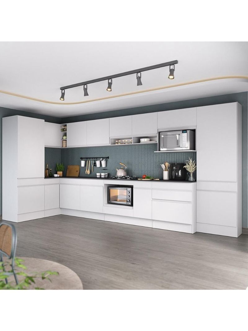 Cozinha Modulada Completa Canto 409cm Com Rodapé E Balcão Para Cooktop Veneza Multimóveis Mp2304 Branco