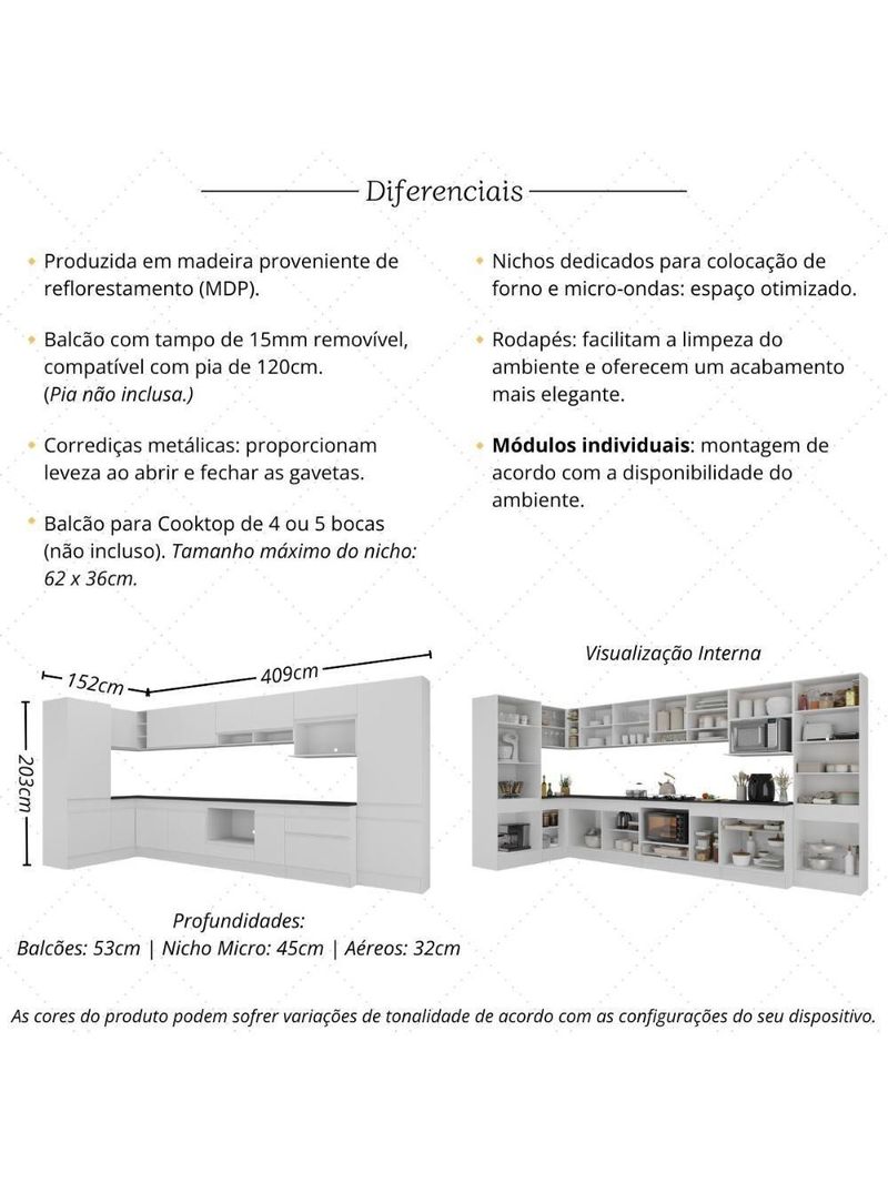 Cozinha Modulada Completa Canto 409cm Com Rodapé E Balcão Para Cooktop Veneza Multimóveis Mp2304 Branco