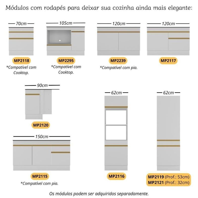 Cozinha Modulada Completa Canto 409cm Com Rodapé E Balcão Para Cooktop Veneza Multimóveis Mp2304 Branco