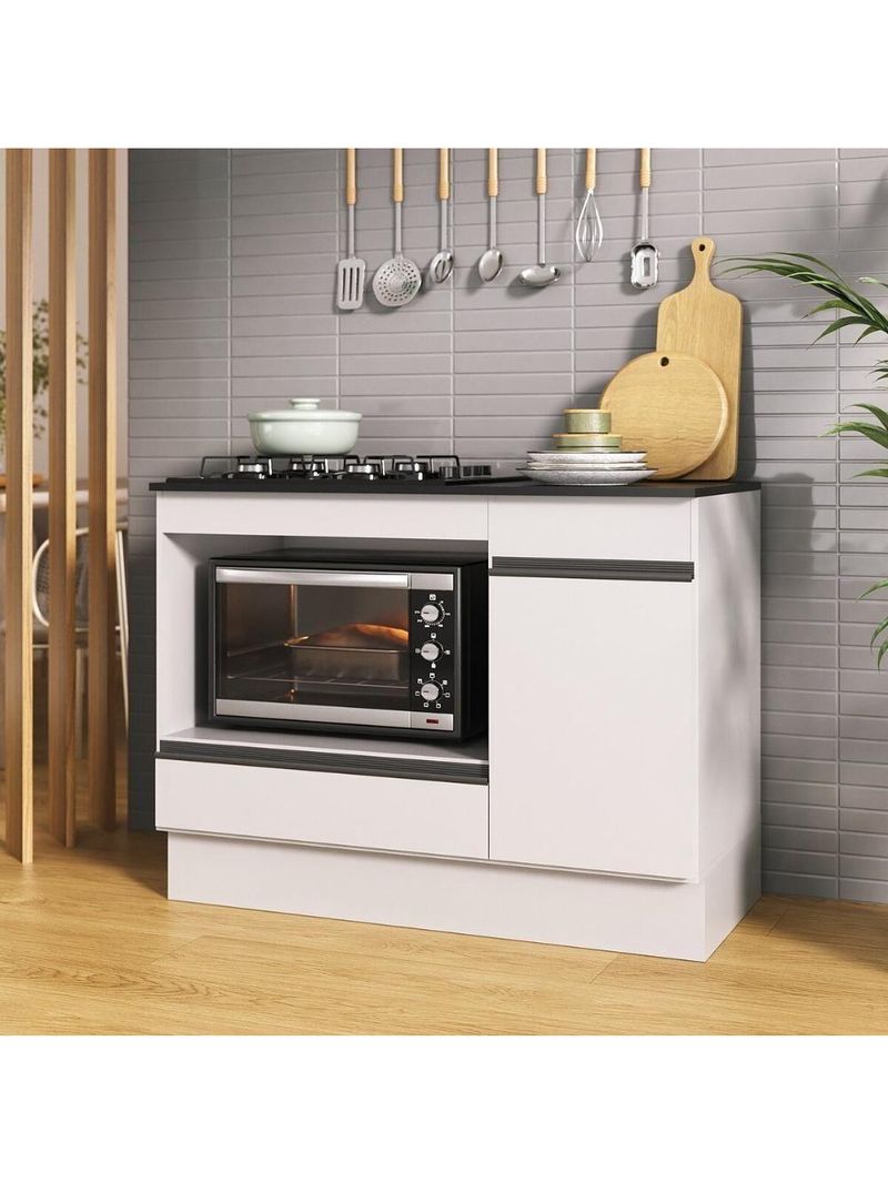 Balcão Cozinha Para Cooktop E Forno 105cm Com Rodapé Veneza Multimóveis Mp2295 Branco/preto