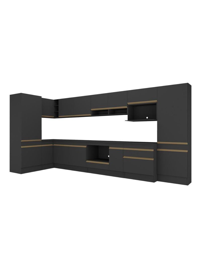 Cozinha Modulada Completa Canto 409cm Com Balcão Cooktop Veneza Multimóveis Mp2304 Preto Dourado
