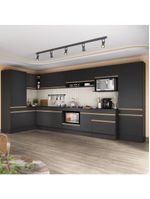 Cozinha Modulada Completa Canto 409cm Com Balcão Cooktop Veneza Multimóveis Mp2304 Preto Dourado