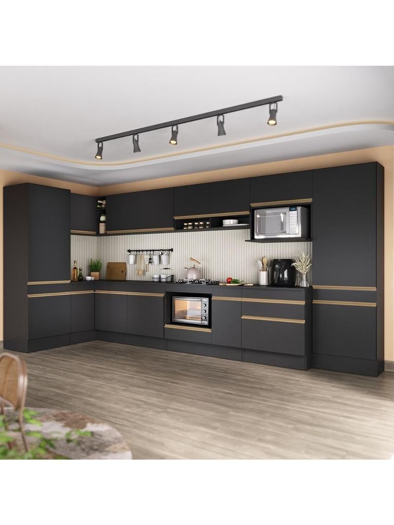 Cozinha Modulada Completa Canto 409cm Com Balcão Cooktop Veneza Multimóveis Mp2304 Preto Dourado