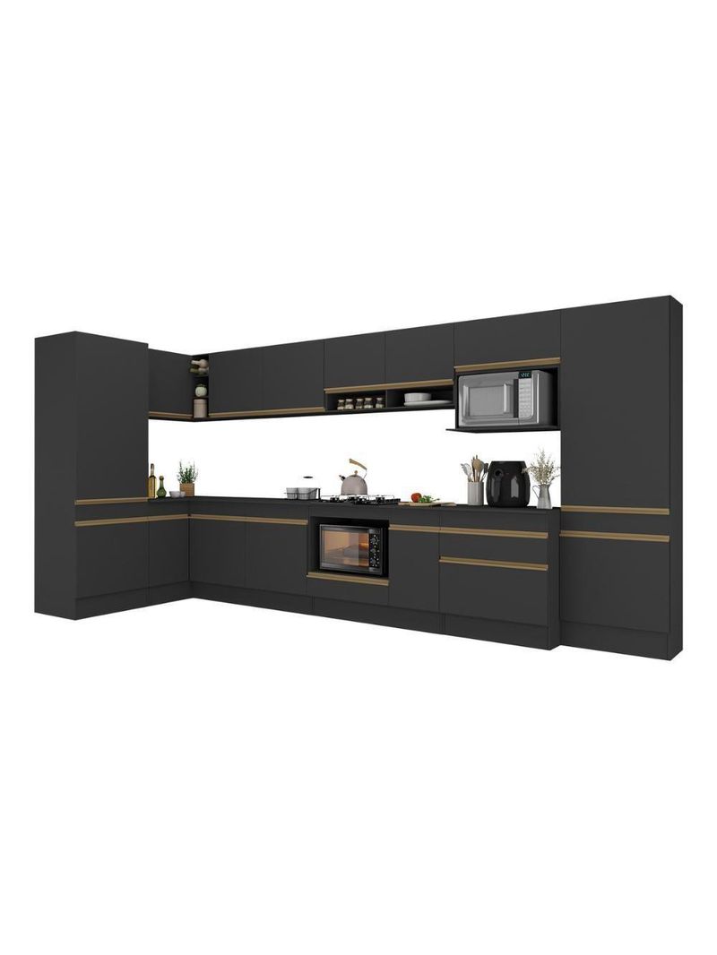 Cozinha Modulada Completa Canto 409cm Com Balcão Cooktop Veneza Multimóveis Mp2304 Preto Dourado