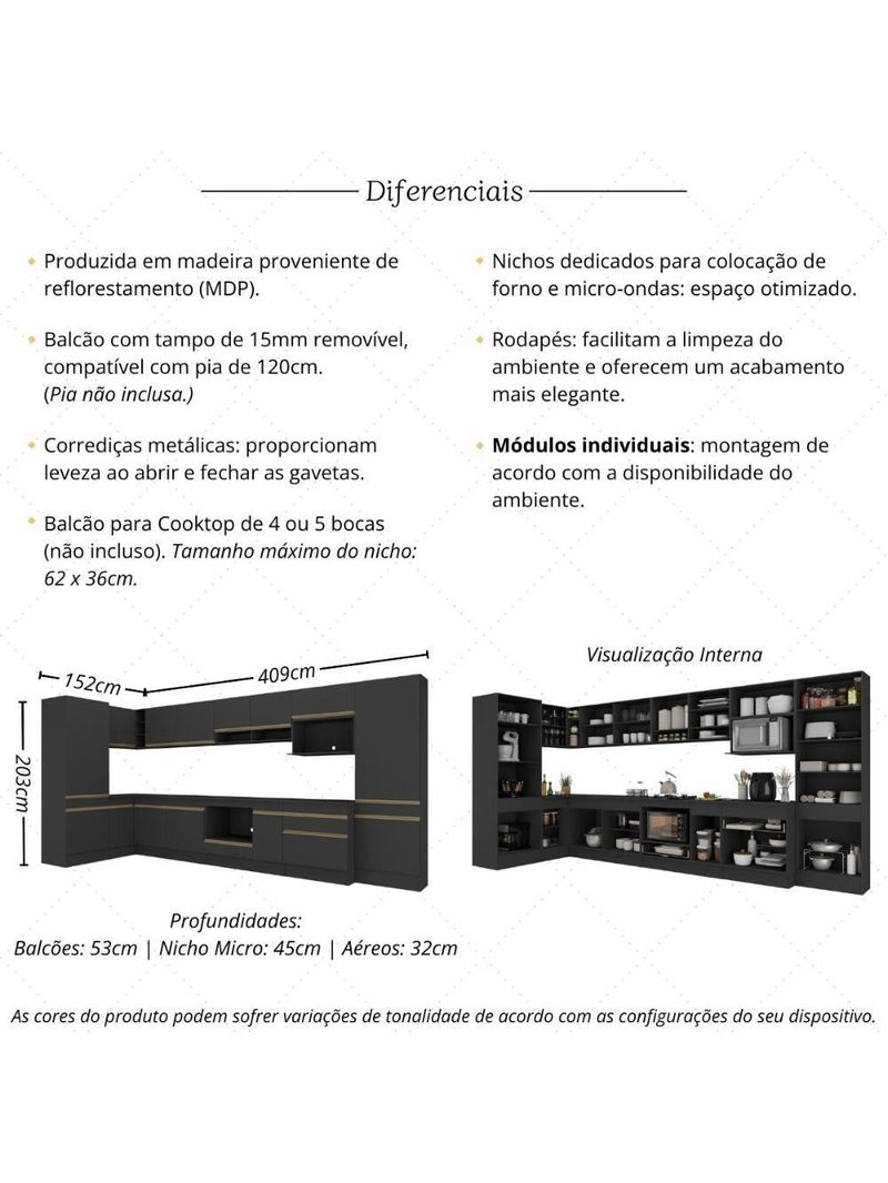 Cozinha Modulada Completa Canto 409cm Com Balcão Cooktop Veneza Multimóveis Mp2304 Preto Dourado