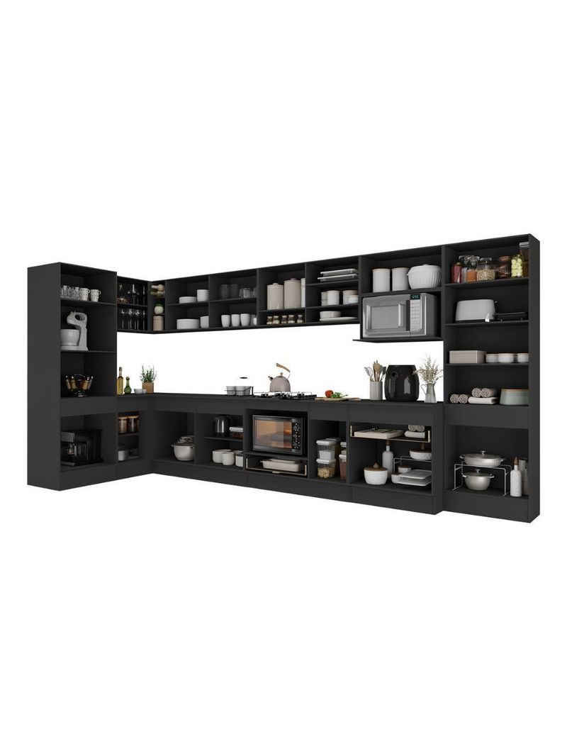 Cozinha Modulada Completa Canto 409cm Com Balcão Cooktop Veneza Multimóveis Mp2304 Preto Dourado