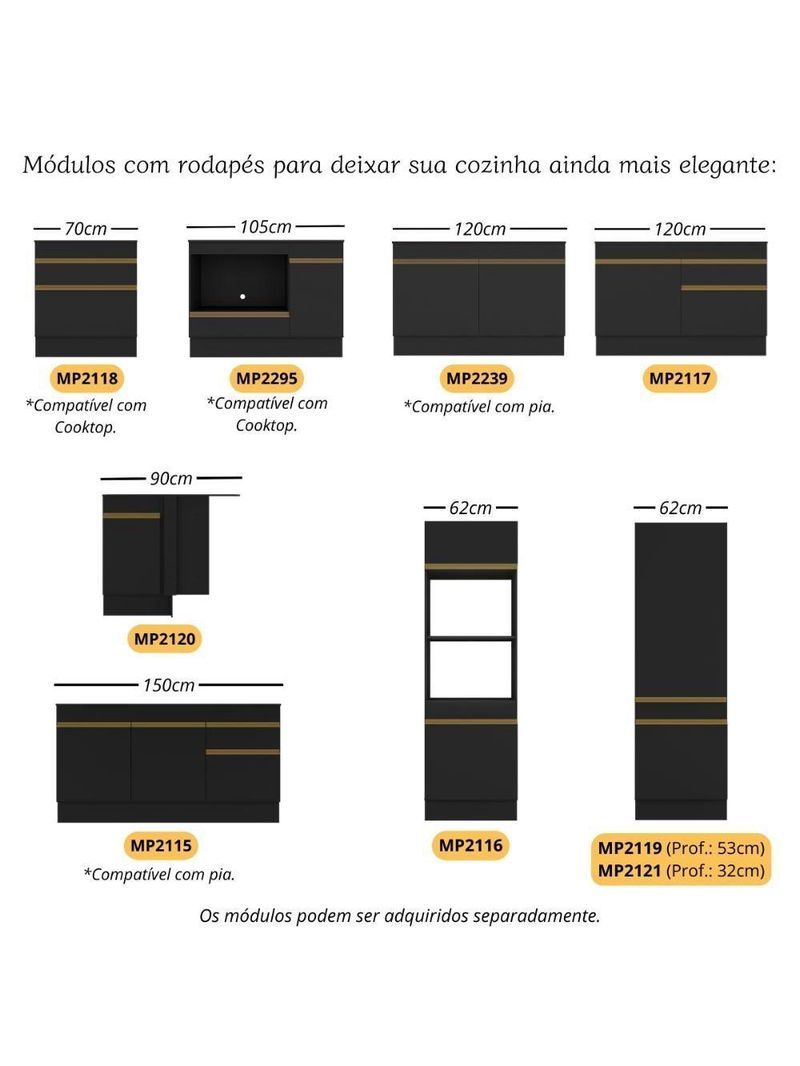 Cozinha Modulada Completa Canto 409cm Com Balcão Cooktop Veneza Multimóveis Mp2304 Preto Dourado