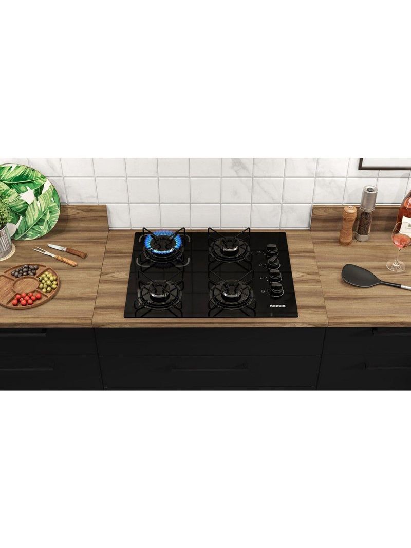 Cooktop 4 Bocas Itatiaia A Gás Em Aço Inox E Mesa Vidro Temperado Essencial Preto - Bivolt