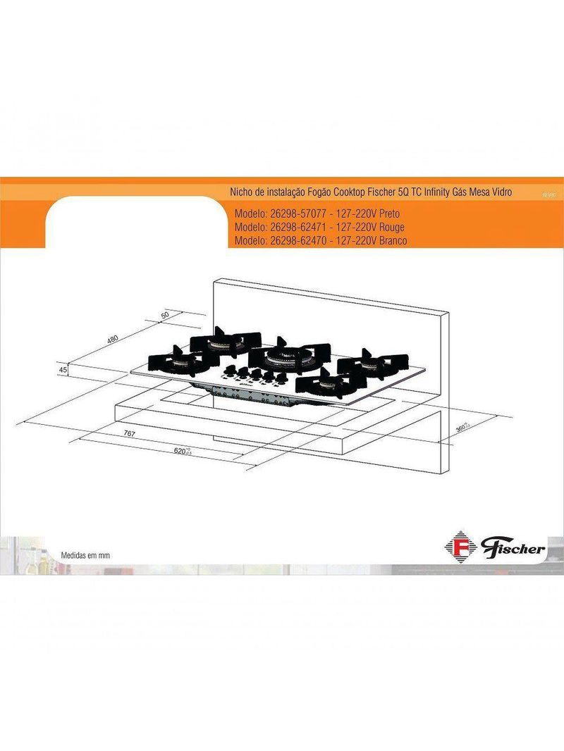 Fogão Cooktop Fischer 5 Bocas Tripla Chama Infinity Preto 26298-57077 Bivolt
