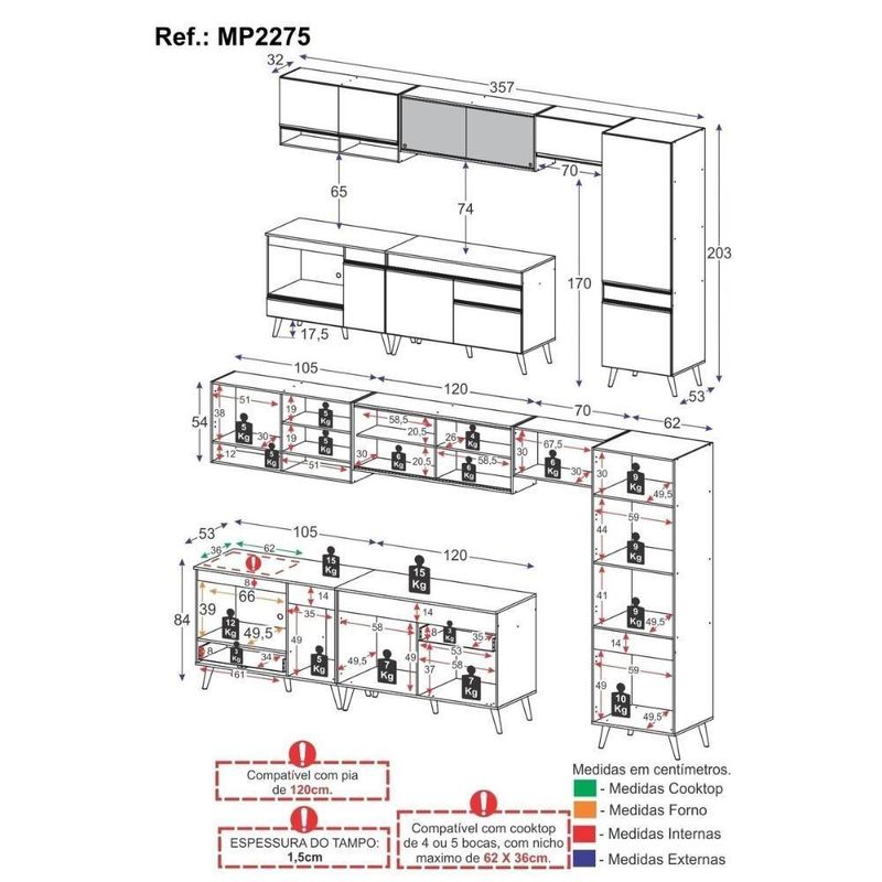 Cozinha Modulada Completa 357cm 6 Peças  Veneza Multimóveis