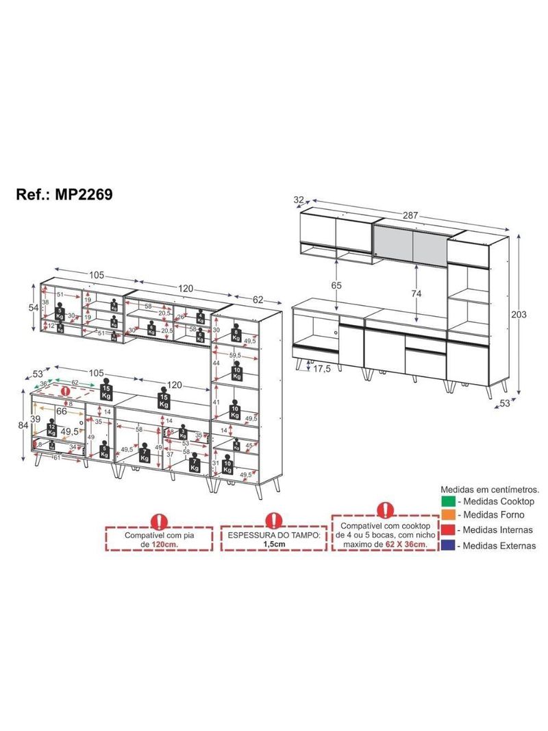 Cozinha Modulada Completa Compacta 287cm Veneza Multimóveis
