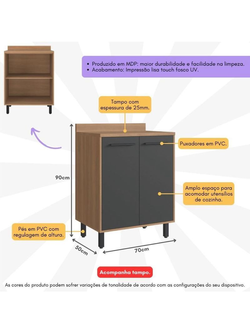 Balcão De Cozinha 70cm Para Cooktop Com Tampo E 2 Portas Havana Multimóveis Cr20309 Rovere/grafite