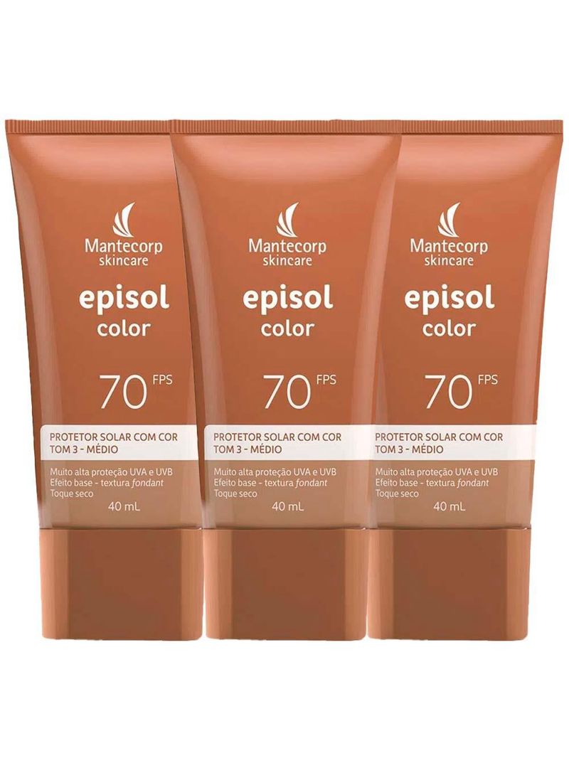Mantecorp skincare episol kit com 3 unidades – protetor solar com cor fps70 – médio 40ml