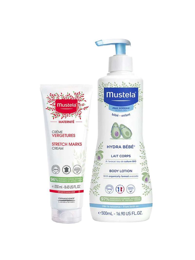 Mustela kit – creme para estrias maternité 250ml + hidratante hydra bebê 500ml