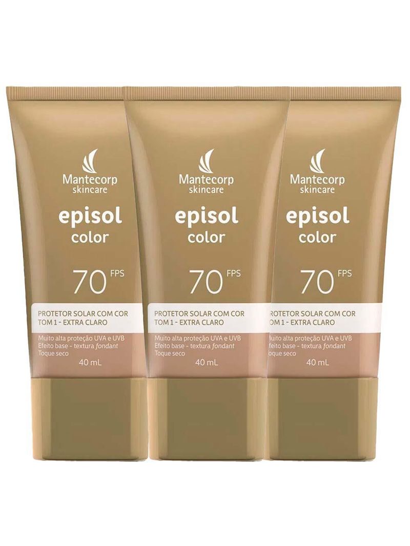 Mantecorp skincare episol kit com 3 unidades – protetor solar com cor fps70 – extra clara 40ml
