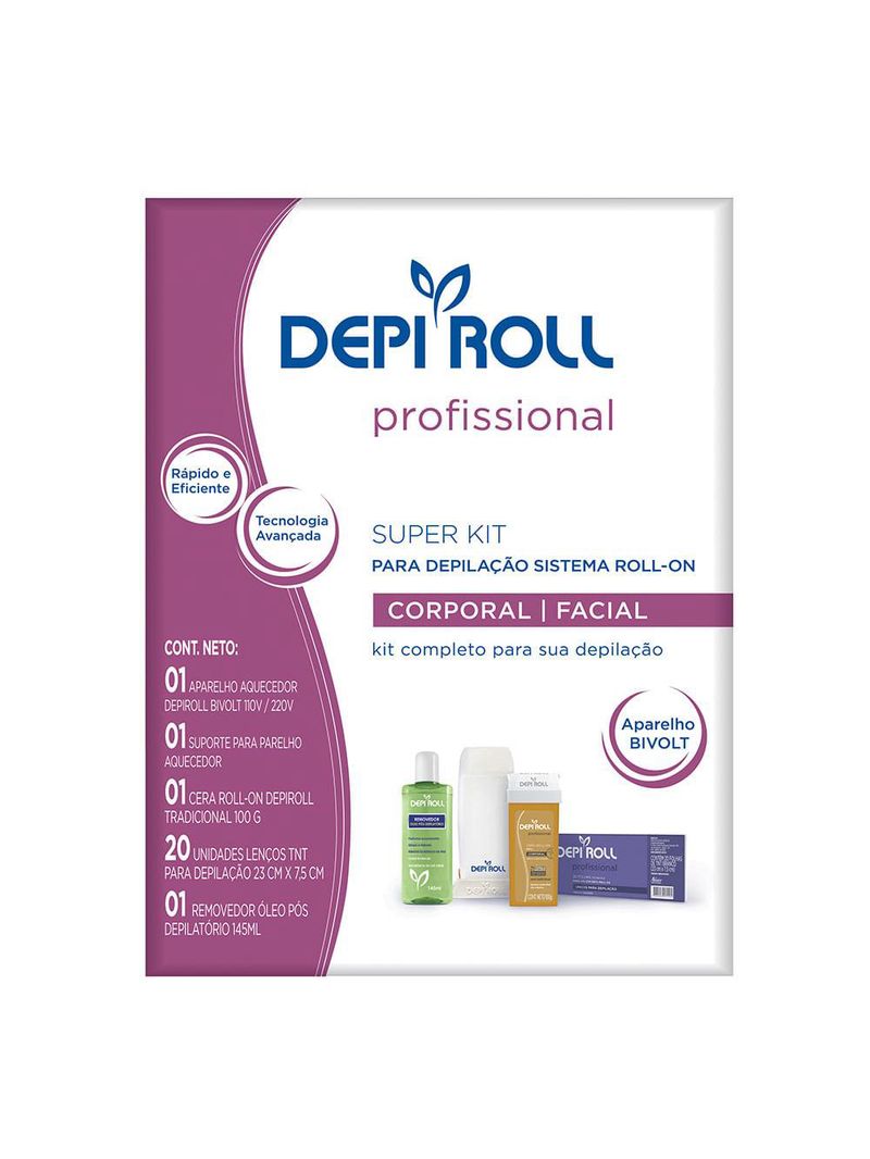 Depiroll depilação roll-on tradicional super kit – aparelho aquecedor + cera roll-on + lenços