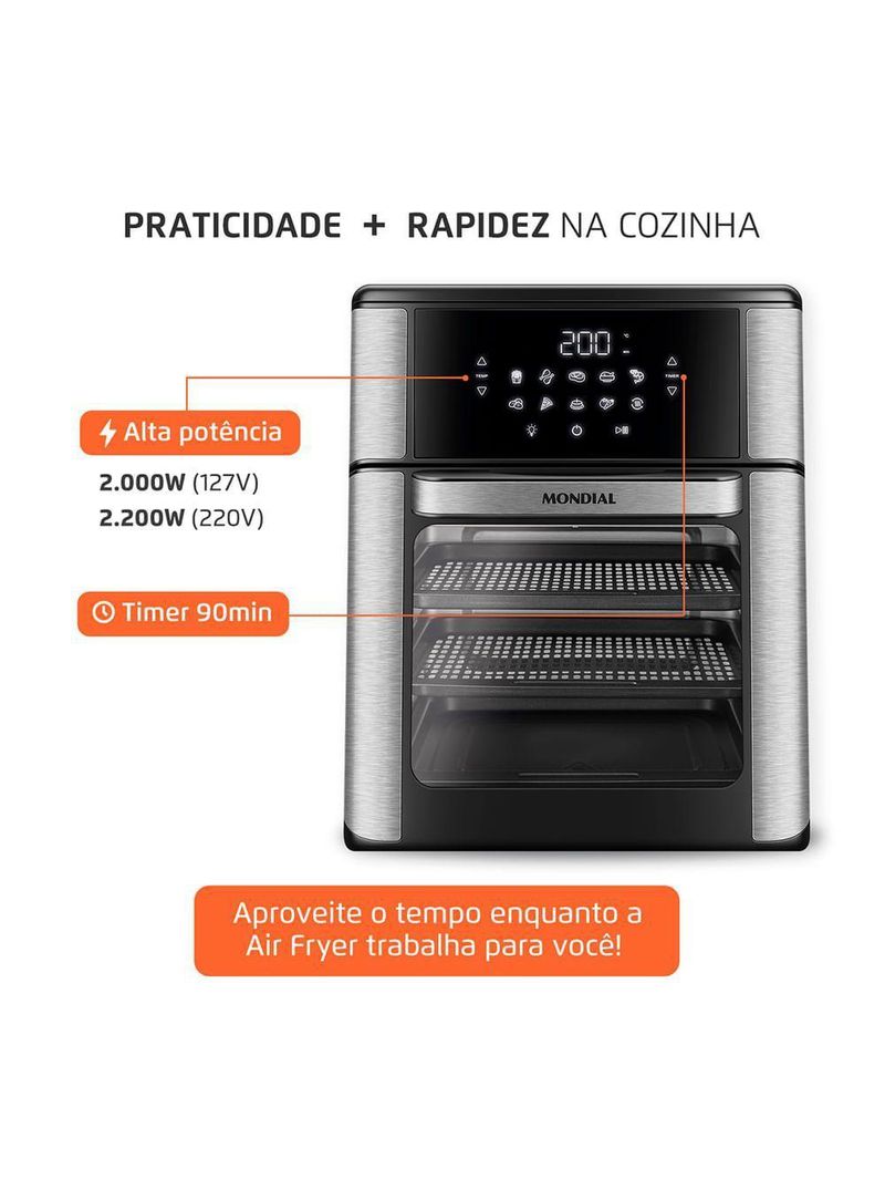 Fritadeira Air Fryer Forno Oven 12L Mondial - Preto e Inox AFON-12L-BI - 110V
