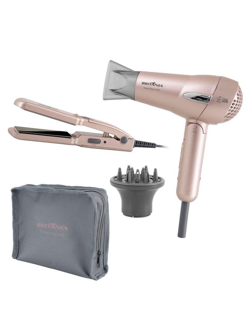 Kit Britânia Travel Rose Gold Secador e Prancha Bivolt