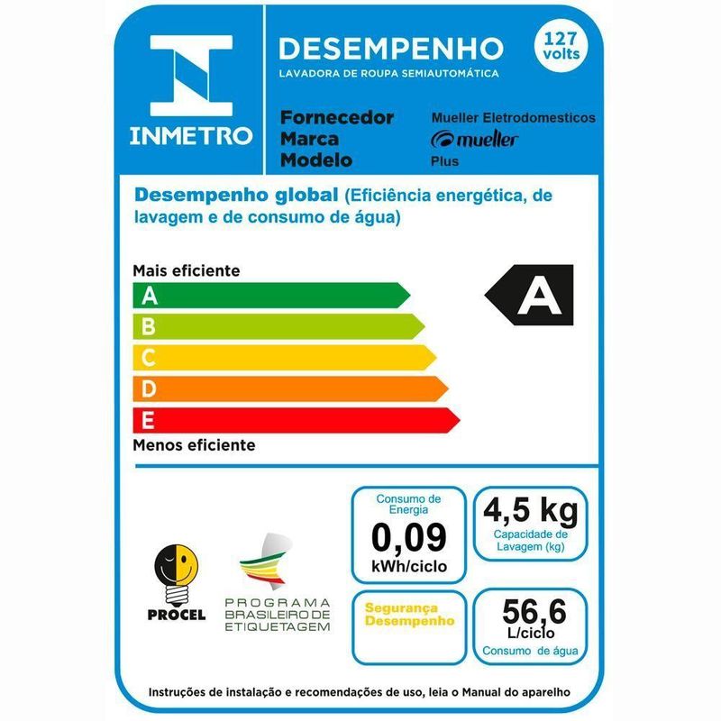 Lavadora de Roupas Mueller Plus 4,5kg Semiautomática Preta Abertura Superior 110V