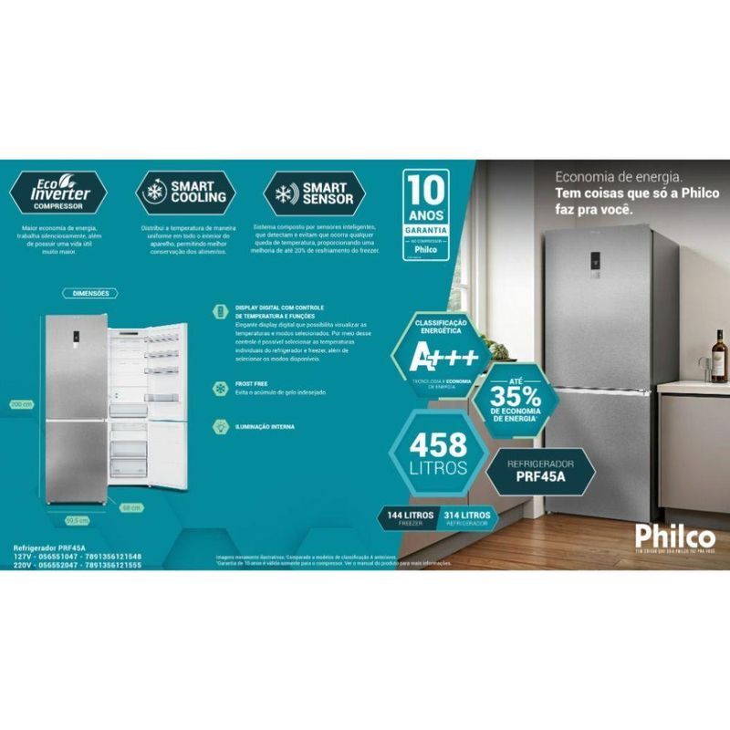Geladeira Duplex Philco 458L Frost Free Eco Inverter PRF45A Inox 220V