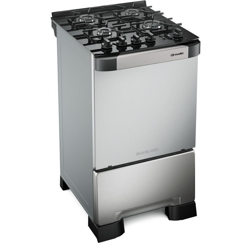 Fogão de Piso 4 Bocas a Gás Mueller Decorato 4B Vetro Inox Mesa de Vidro Temperado Inox Bivolt