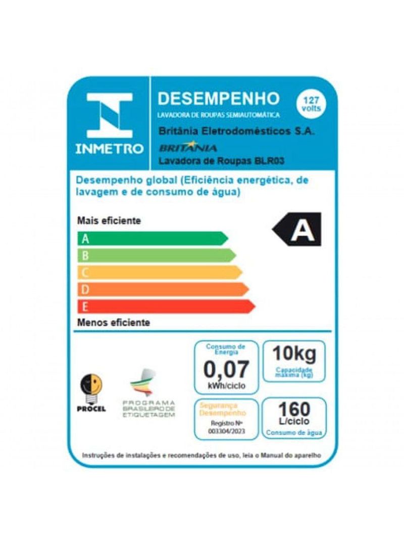 Máquina De Lavar Semi Automática 10kg Britânia BLR03 Branca 110V