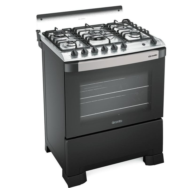 Fogão de Piso 5 Bocas a Gás Mueller Decorato Gourmet Mesa Inox Automático Preto Fosco Bivolt