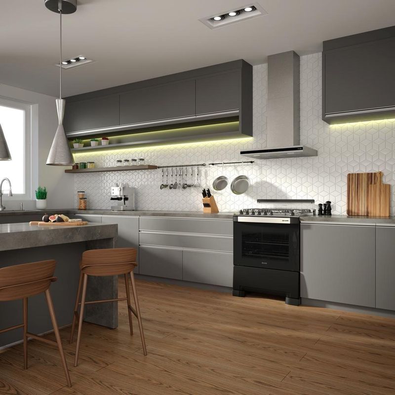 Fogão de Piso 5 Bocas a Gás Mueller Decorato Gourmet Mesa Inox Automático Preto Fosco Bivolt