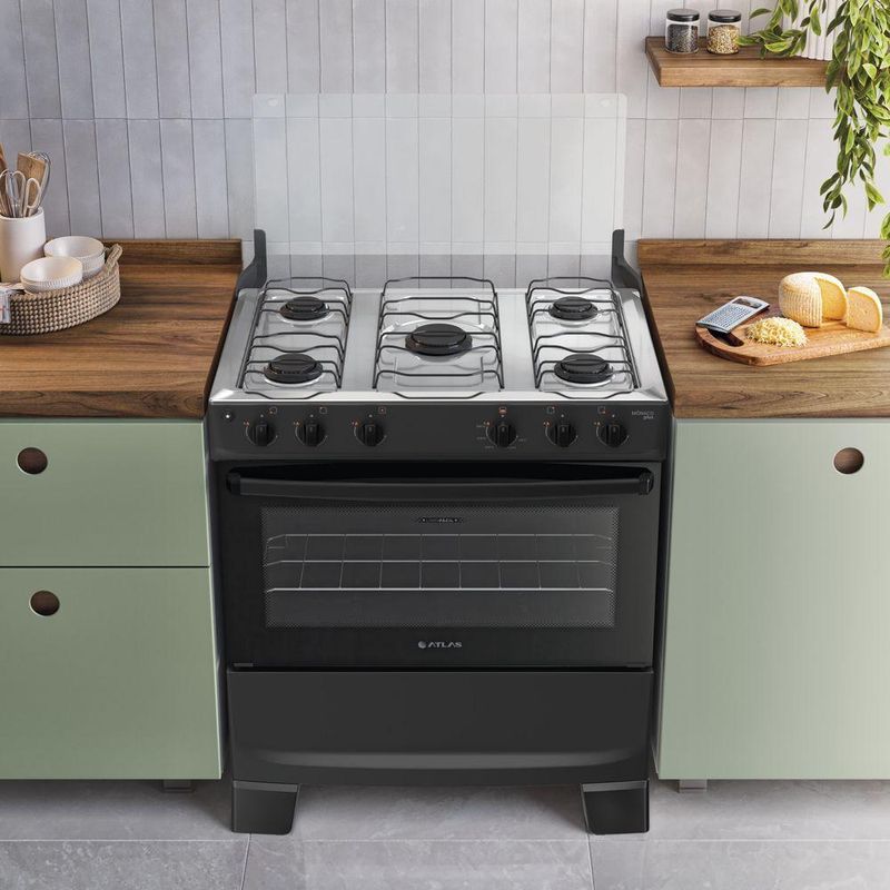 Fogão 5 Bocas Atlas Mônaco Plus Automático Mesa Inox Preto Bivolt