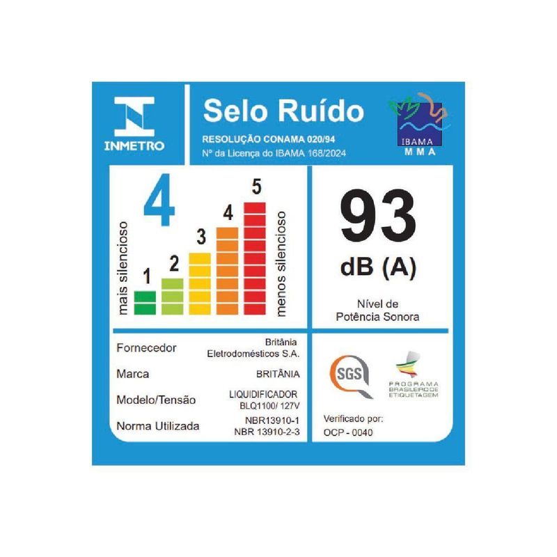 Liquidificador Britânia 1100W 2,7L 4 Velocidades BLQ1100 110V