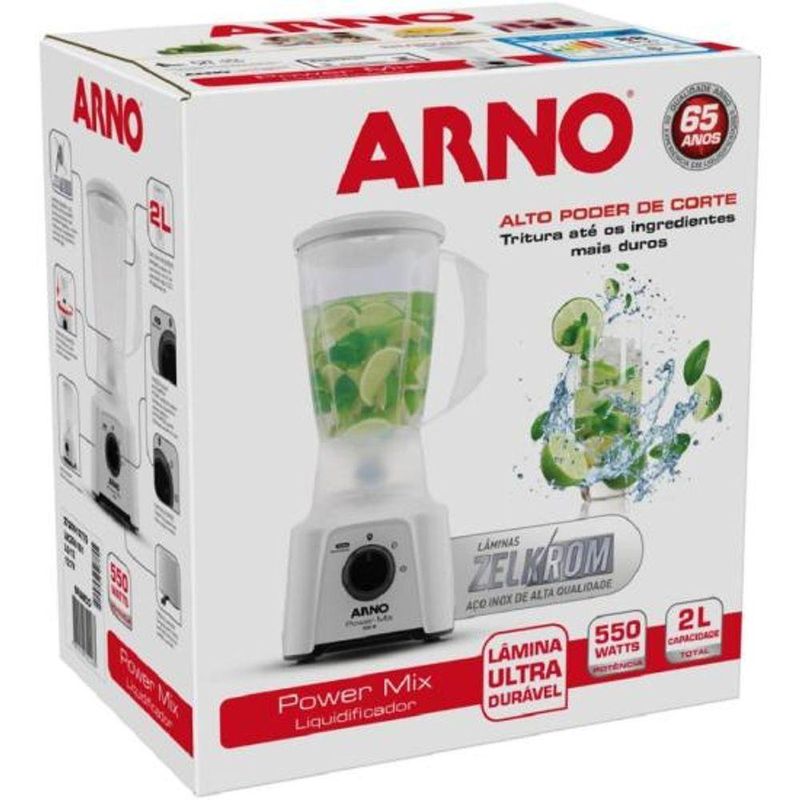 Liquidificador Arno Power Mix 550W 2L com 4 Lâminas Zelkrom e 3 Velocidades Branco 110V