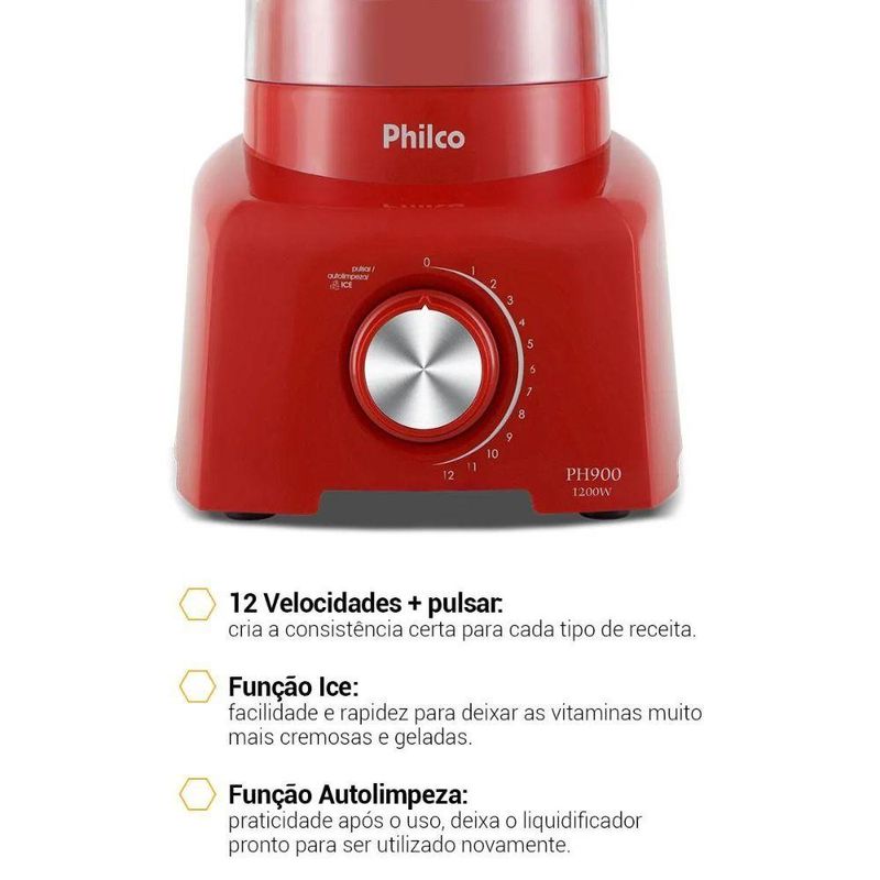 Liquidificador Philco PH900 1200W 3 Litros com Filtro 12 Velocidades Vermelho 220V