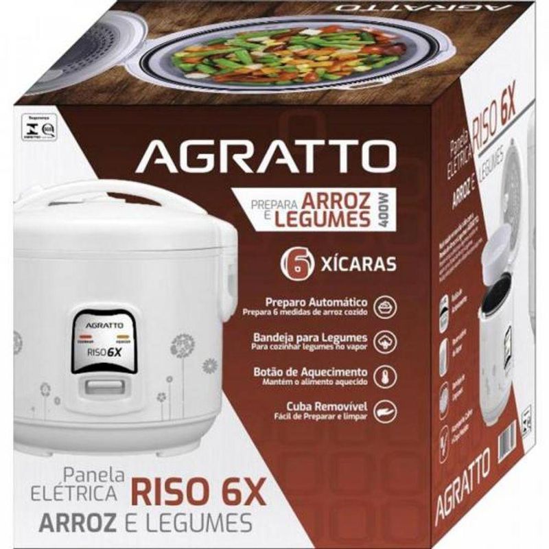 Panela Elétrica de Arroz Agratto PA6X Riso 400W com Função Manter Aquecido em 220V