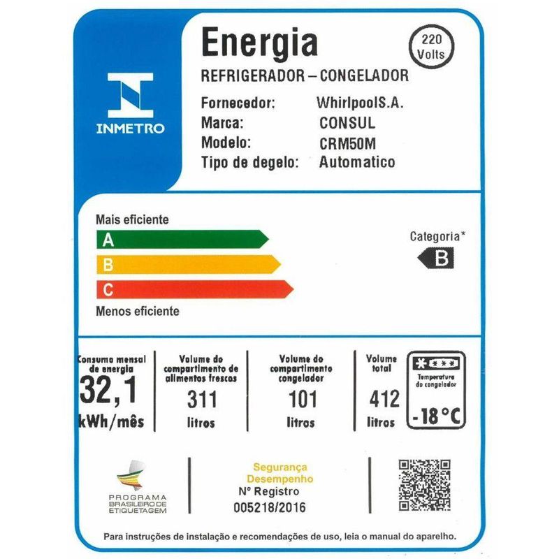 Geladeira 412 Litros CRM50MB Frost Free Função Turbo Consul Branco 110V