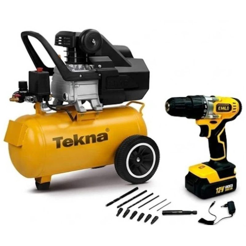 Compressor De Ar 2,5hp 22l 220v Com Parafusadeira 12v Bivolt Com Kit 13 Peças Tekna Evald